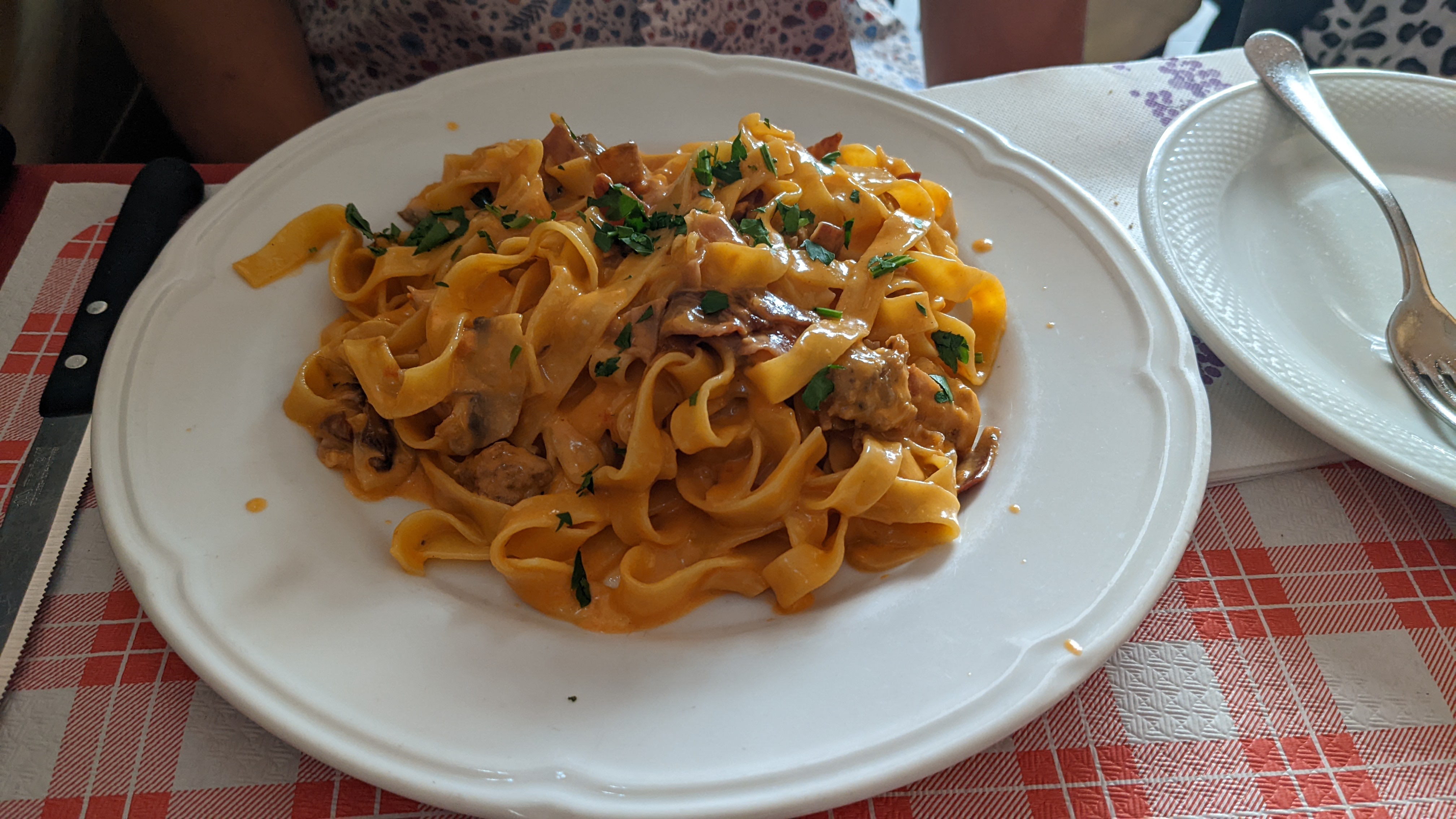 A plate of tagliatelle with a meat sauce on a checked tablecloth